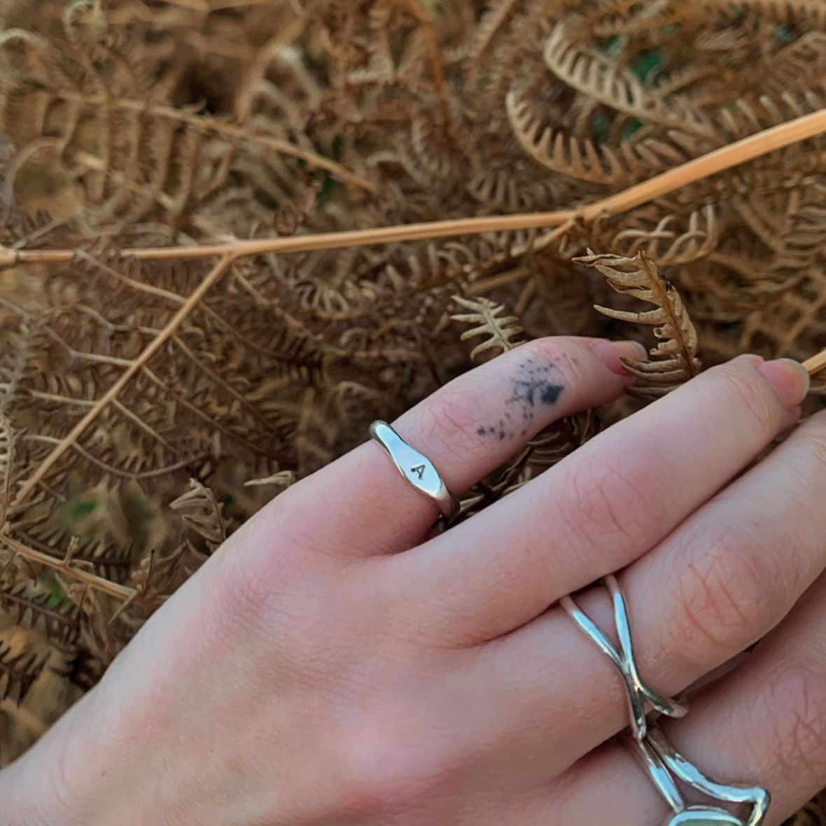 An image of the artists hand with several silver rings on her fingers